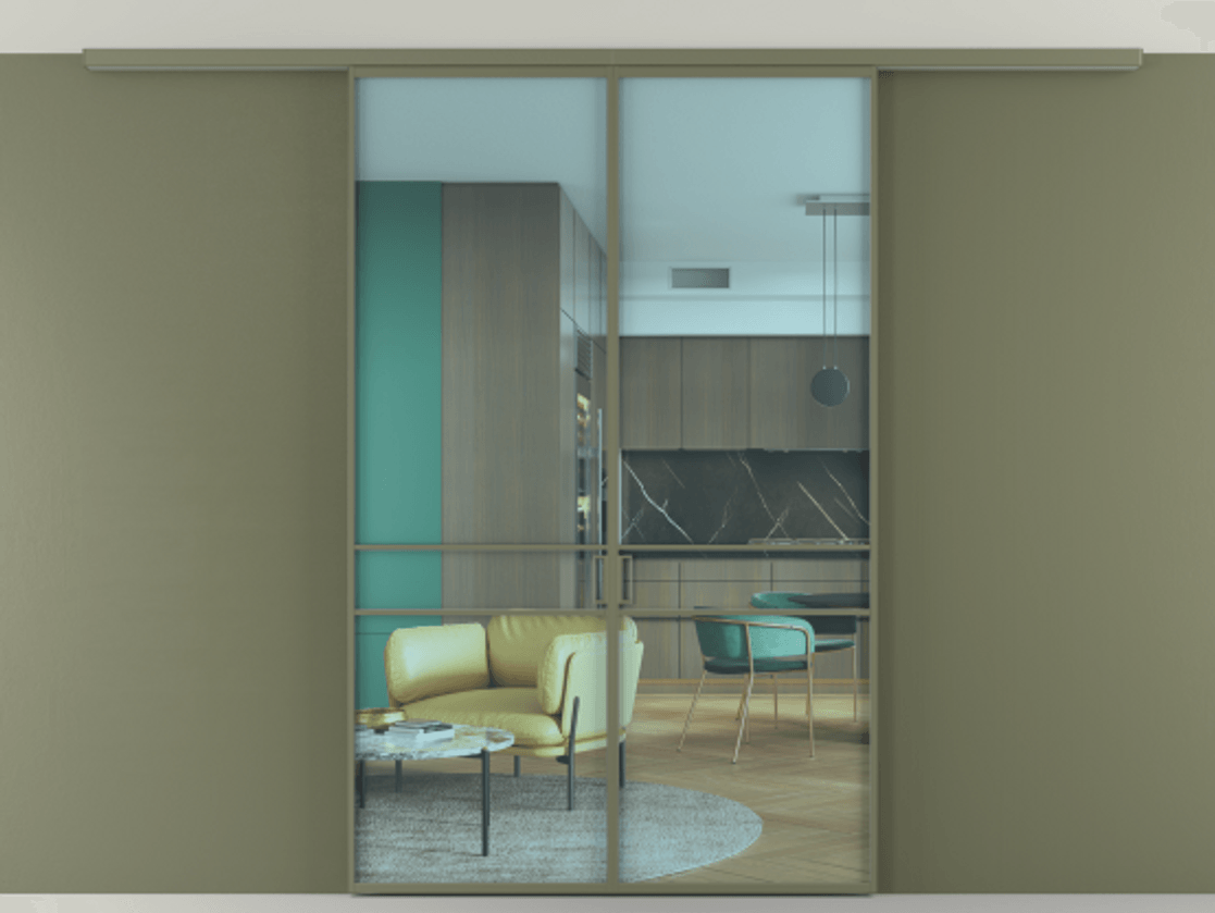 Перегородка Формато вдоль стены на потолок 2 створки АЛПР 040.02 Алюминий оливковый тёмный Прозрачное голубое стекло, триплекс Цена 37882850 so'm | Volhovec