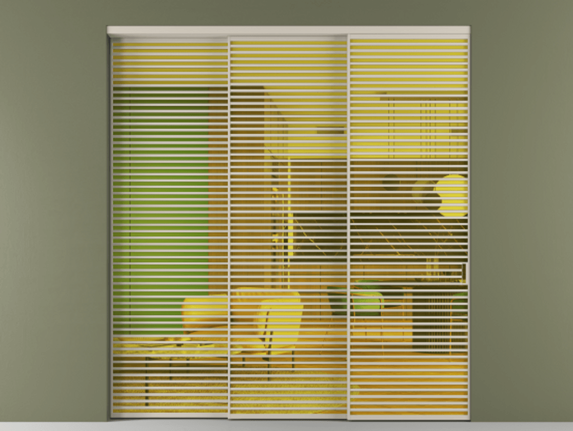 Перегородка Formato внутри проёма 3 створки с синхронным механизмом АЛПР 040.07 Алюминий светло-бежевый Прозрачное жёлтое стекло, триплекс Цена 579740 ₽  | Volhovec