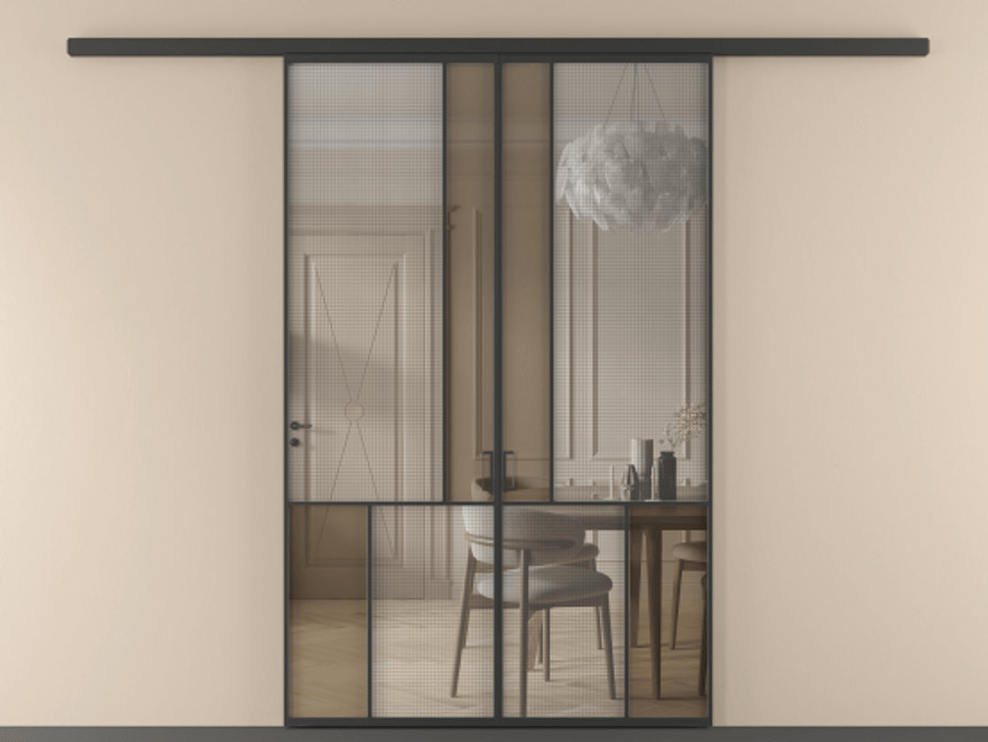 Перегородка Mosaic вдоль стены двустворчатая АЛПР 041.20 Алюминий Черный Декоративное стекло с сеткой "Mesh silver", триплекс, 6 мм + Прозрачное бронзовое стекло, триплекс, 6 мм. Скрытый короб ЧЕР Цена 251560 ₽ . Фабрика дверей Волховец 8 (800) 551 43 19 Перегородка Mosaic вдоль стены двустворчатая АЛПР 041.20 Алюминий Черный Декоративное стекло с сеткой "Mesh silver", триплекс, 6 мм + Прозрачное бронзовое стекло, триплекс, 6 мм Цена 251560 ₽ | Volhovec