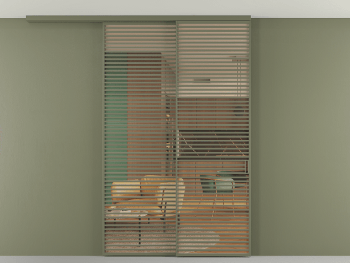 Перегородка Формато вдоль стены на потолок 2 створки с синхронным механизмом АЛПР 040.07 Алюминий оливковый тёмный Прозрачное оранжевое стекло, триплекс Цена 87577250 so'm | Volhovec