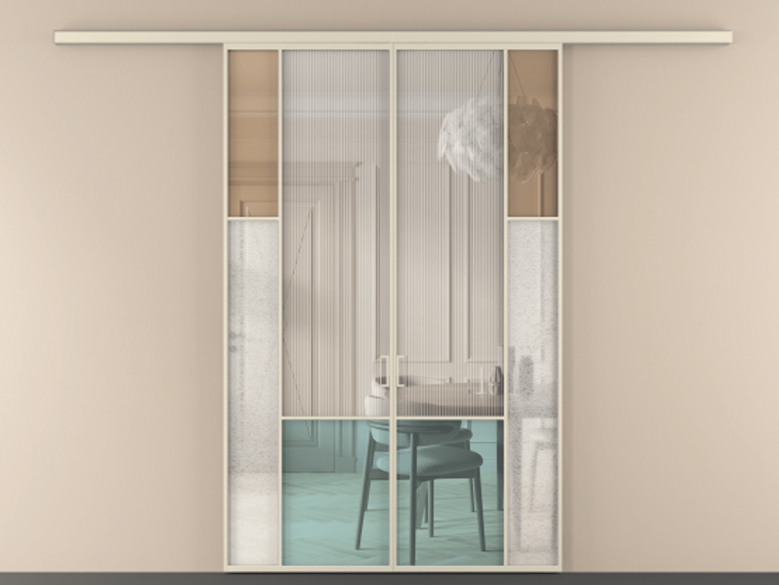 Перегородка Mosaic вдоль стены 2 створки АЛПР 041.12 Алюминий бежево-серый Комбинация стекол Группы 1 и Группы 3 Цена 276860 ₽ | Volhovec