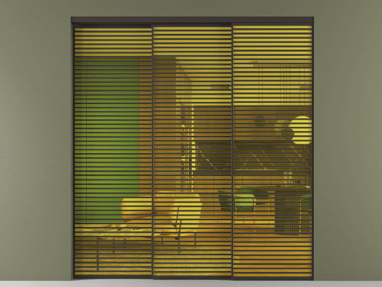 Алюминевая перегородка АЛПР 040.07_ААН_ПРОЗ ЖЕЛ_new. Цвет Алюминий антрацит. Материал Алюминий в эмали. Коллекция Перегородка Formato внутри проёма 3 створки с синхронным механизмом. Картинка.