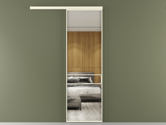 Алюминевая перегородка АЛПР 040.02_АМБ_Зеркало триплекс_new. Цвет Алюминий молочно-белый. Материал Алюминий в эмали. Коллекция Перегородка Формато вдоль стены 1 створка. Картинка.