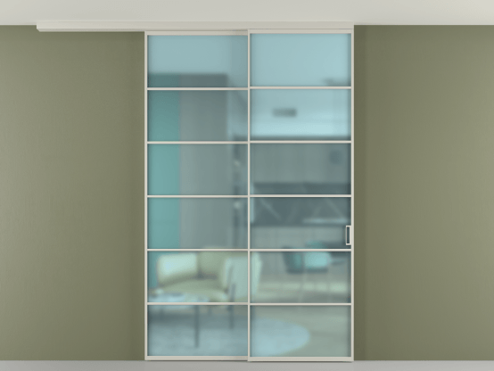 Алюминевая перегородка pv2_2_04_ Алюминий тёплый серый Сатинированное голубое стекло, триплекс, 6мм. Цвет Алюминий тёплый серый. Материал Алюминий в эмали. Коллекция Перегородка Formato вдоль стены на потолок 2 створки с синхронным механизмом. Картинка.