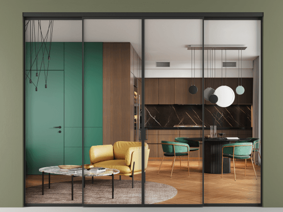 Алюминевая перегородка vn2+2_01 Crystalvision ЧЕР. Цвет Алюминий Черный. Материал Алюминий. Коллекция Перегородка Formato внутри проёма 4 створки. Картинка.