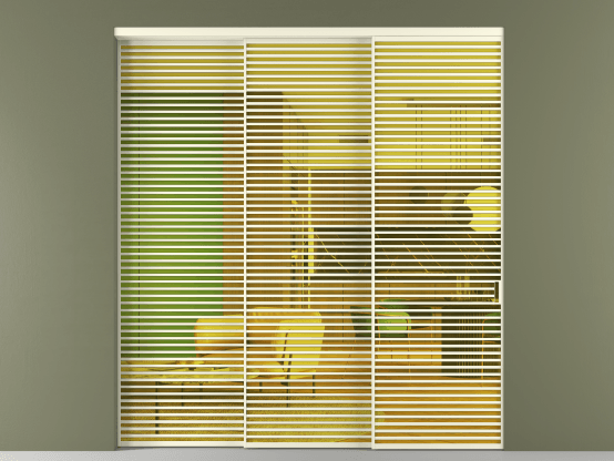 Алюминевая перегородка АЛПР 040.07_АМБ_ПРОЗ ЖЕЛ_new. Цвет Алюминий молочно-белый. Материал Алюминий в эмали. Коллекция Перегородка Formato внутри проёма 3 створки с синхронным механизмом. Картинка.