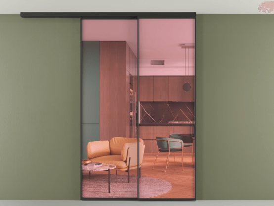 Алюминевая перегородка АЛПР 040.01_ЧРН_ПРОЗ РОЗ_new. Цвет Алюминий Черный. Материал Алюминий. Коллекция Перегородка Formato вдоль стены на потолок 2 створки с синхронным механизмом. Картинка.