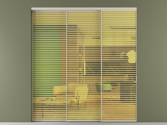 Алюминевая перегородка АЛПР 040.07_АСБЖ_ПРОЗ ЖЕЛ_new. Цвет Алюминий светло-бежевый. Материал Алюминий в эмали. Коллекция Перегородка Formato внутри проёма 3 створки с синхронным механизмом. Картинка.