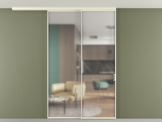 Алюминевая перегородка АЛПР 040.01_АМБ_Matelux Crystalvision_new. Цвет Алюминий молочно-белый. Материал Алюминий в эмали. Коллекция Перегородка Formato вдоль стены на потолок 2 створки с синхронным механизмом. Картинка.