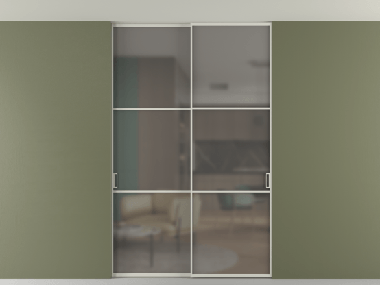 Алюминевая перегородка vn2_03 Алюминий тёплый серый Серый сатин матовое. Цвет Алюминий тёплый серый. Материал Алюминий в эмали. Коллекция Перегородка Формато внутри проёма скрытое крепление в потолок 2 створки. Картинка.