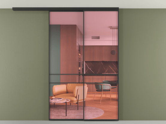 Алюминевая перегородка АЛПР 040.02_ЧРН_ПРОЗ РОЗ_new. Цвет Алюминий Черный. Материал Алюминий. Коллекция Перегородка Formato вдоль стены на потолок 2 створки с синхронным механизмом. Картинка.