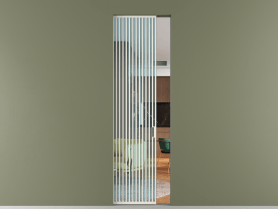 Алюминевая перегородка skr1_06_ Алюминий пудровый белый Прозрачное голубое стекло, триплекс, 6мм. Цвет Алюминий пудровый белый. Материал Алюминий в эмали. Коллекция Перегородка Formato скрытый пенал 1 створка. Картинка.