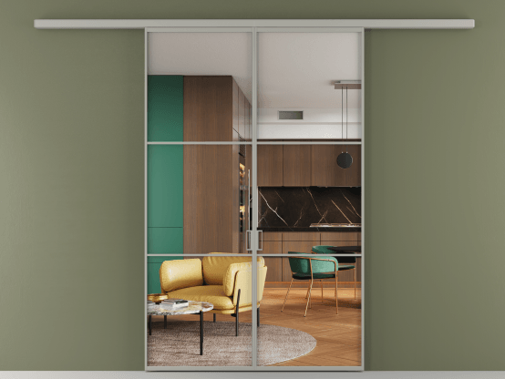 Алюминевая перегородка АЛПР 040.03_АНСР_Crystalvision_new. Цвет Алюминий нейтральный серый. Материал Алюминий в эмали. Коллекция Перегородка Formato вдоль стены 2 створки. Картинка.