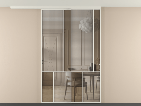 Алюминевая перегородка vdt2_1 БЕЛ. Цвет Алюминий Белый. Материал Алюминий. Коллекция Перегородка Mosaic вдоль стены на потолок 2 створки с синхронным механизмом. Картинка.