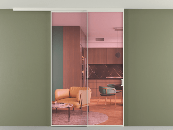 Алюминевая перегородка АЛПР 040.01_БЕЛ_ПРОЗ РОЗ_new. Цвет Алюминий Белый. Материал Алюминий. Коллекция Перегородка Formato вдоль стены на потолок 2 створки с синхронным механизмом. Картинка.